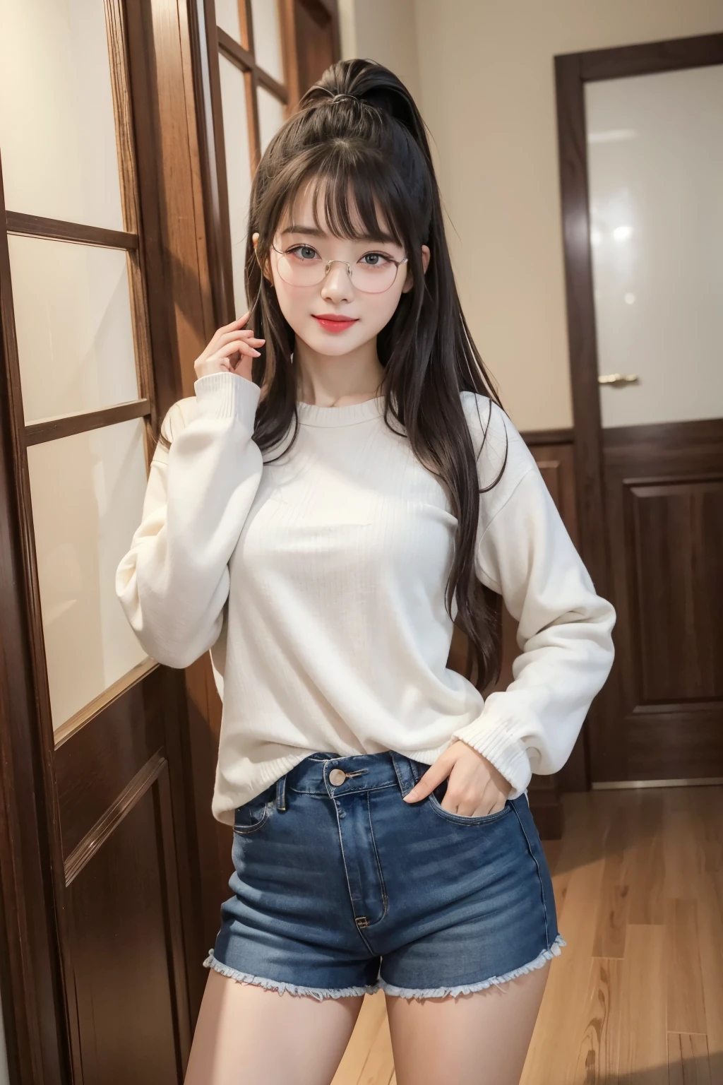 (Best quality, masterpiece, detailed), (RAW, 4k, hd images), shy, 1 girl, 17 years old, white skin, long hair, ponytail, layers hair, bangs, black hair, beautiful girl, cute girl, sweet girl, pretty girl, perfect girl, pretty eyes, blue eyes, thin lips, thin, (eye line, lip stick soft), perfect , glasses(detailed frame), indoors, smile, thigh, oversize clothes, standing, pose like a model, facing on camera, full body, full legs
