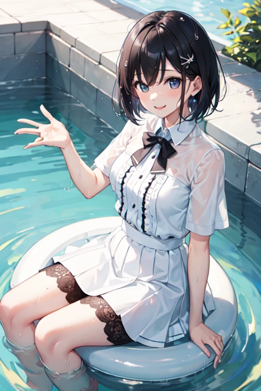 Black Hair、short hair、girl、White dress、skirt、smile、、Soaking wet、