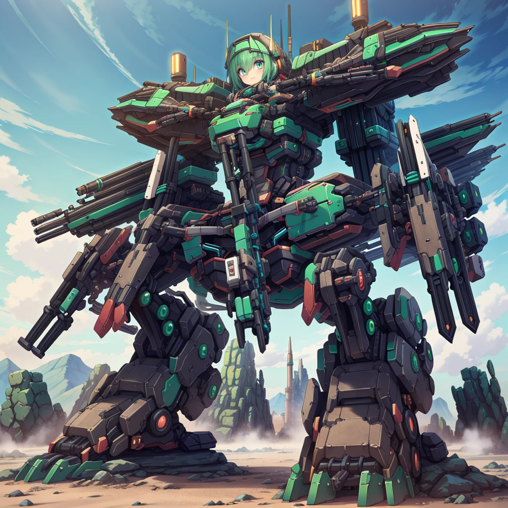 (masterpiece:1.2), best quality, high resolution, extremely detailed CG, absurdres, highres, Sci-fi world, a girl in black_bodysuit sits inside a ((green_machine)) with giant robot arms and legs on a battlefield, and the girl holds the lever of the machine,Colorful portraits
