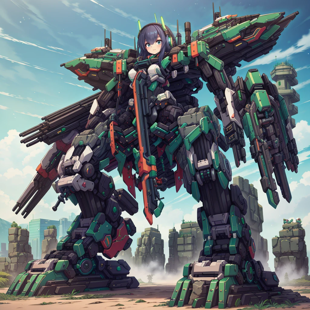 (masterpiece:1.2), best quality, high resolution, extremely detailed CG, absurdres, highres, Sci-fi world, a girl in black_bodysuit sits inside a ((green_machine)) with giant robot arms and legs on a battlefield, and the girl holds the lever of the machine,Colorful portraits