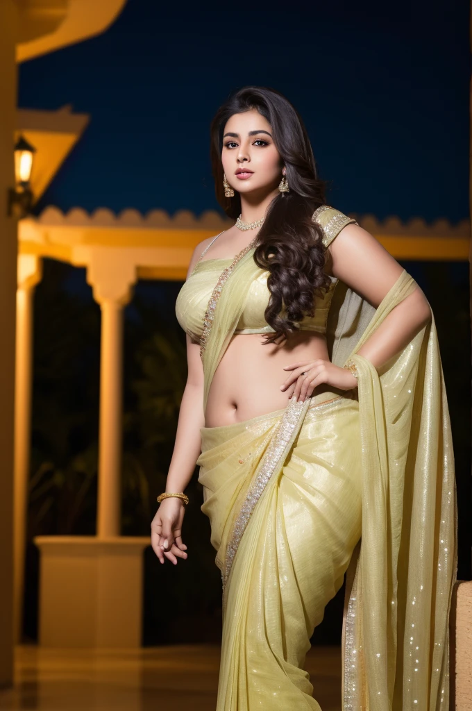1 Heavenly beautiful and goddess beauty cute and sweet looking face Arabian woman in front of house at night, Heavenly beautiful Overweight, Heavenly beautiful Extremely fat, Heavenly beautiful and attractive Chubby figure , Heavenly beautiful looking and eye catching luxury style saree , reaching out, Heavenly beautiful Arabian woman, 16k, High resolution, masterpiece, highest quality, fine skin, close up figure view, Realistic Photograph