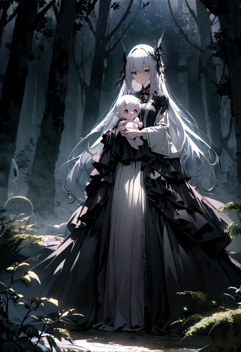 Japanese Yokai「Birds of Capture（Ubume）」Please draw。Birds of Captureは、A female ghost that appears at night、The figure is characterized by the fact that she is holding a baby.。She has a pale and sad face、Wearing white funeral clothes。hair is long and messy。Set the background as a dark and spooky forest and an old abandoned shrine。Create an overall sad and mysterious atmosphere.。