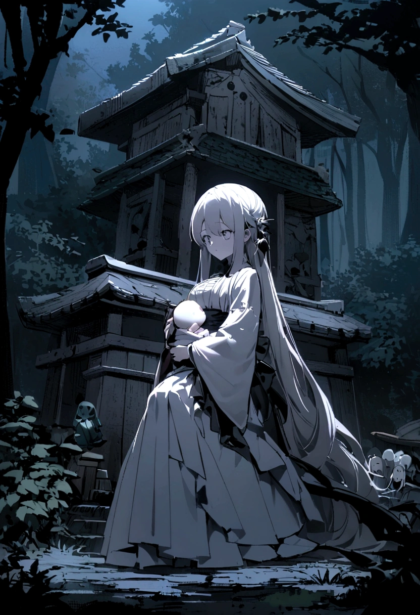 Japanese Yokai「Birds of Capture(Ubume)」Please draw。Birds of Captureは、A female ghost that appears at night、The figure is characterized by the fact that she is holding a baby.。She has a pale and sad face、Wearing white funeral clothes。hair is long and messy。Set the background as a dark and spooky forest and an old abandoned shrine。Create an overall sad and mysterious atmosphere.。