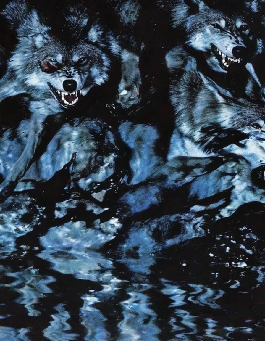 vector graphic, crashing together wolves at night