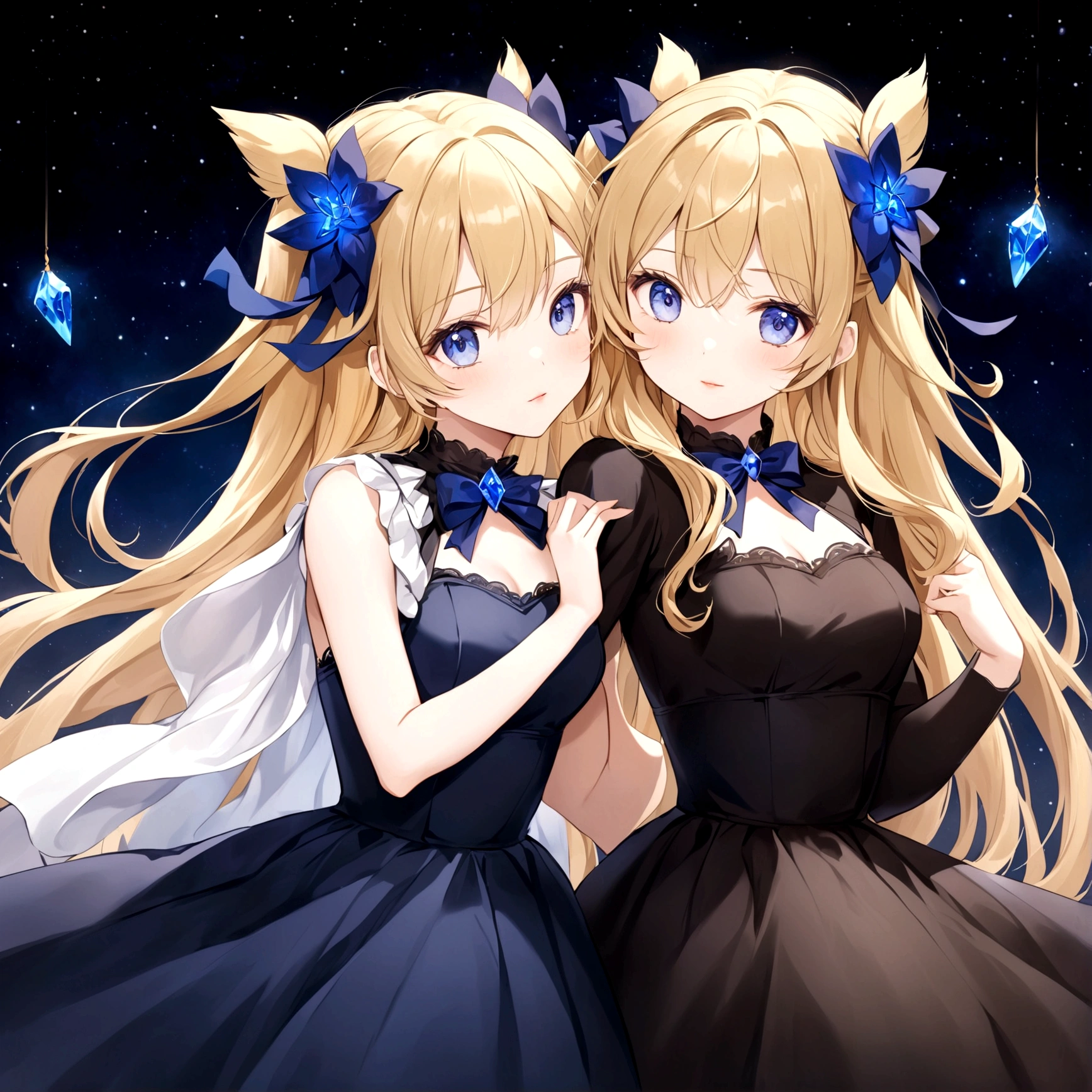 Dark blue is elegant and attractive，Long Hair，Hair is slightly curly，Delicate face，Delicate lips，Gentle and delicate blue eyes，The pulse is loving，Dark blue tulle dress，Blue crystal ribbon hair accessory，Background night sky，Starry Sky，high quality，High resolution，Clear images，race