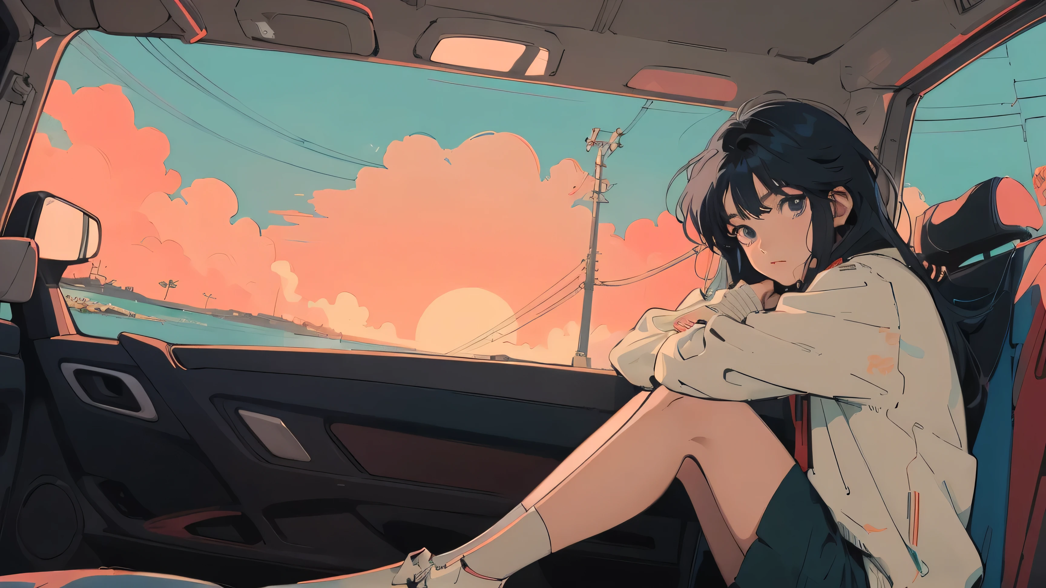 anime girl sitting on floor looking out window at city, anime aesthetic, anime vibes, Lofi Artstyle, Lo-fi portrait by the window, Sunsetを眺める. anime, Lofty Girl, anime art wallpaper 4 k, anime art wallpaper 4k, anime art wallpaper 8 k, anime background art, Lofi Color, Lofi Art, anime asthetic,masterpiece, Highest quality, Rainbow Style, anime, Beautiful Asian Girl, Sitting in a car, Along the Hawaiian Coast, Cute and dreamy,anime,Illustrator,LOFI Girl, Blues,landscape,Sunset