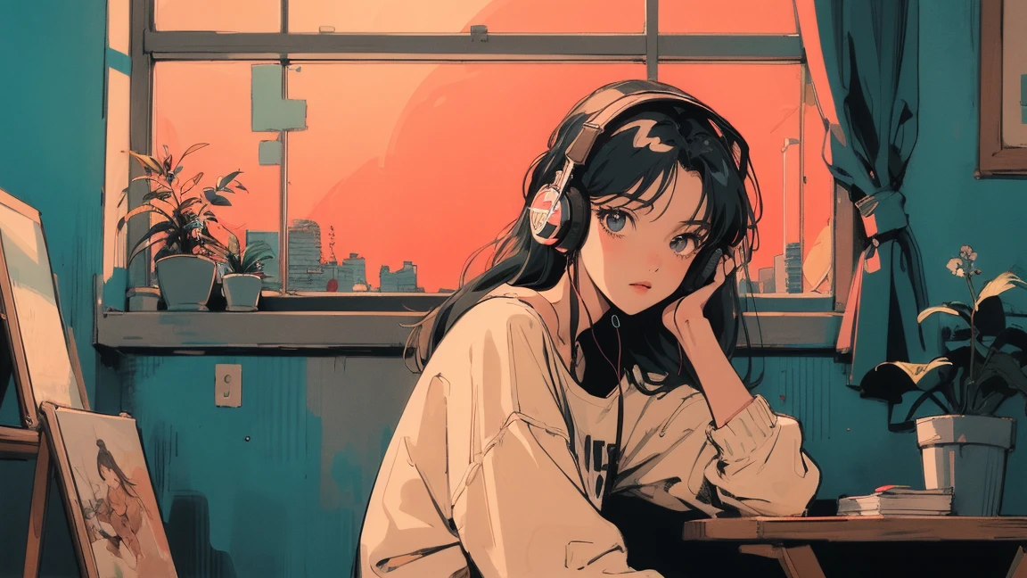 アニメ girl sitting on floor looking out window at city, アニメ aesthetic, アニメ vibes, lofi artstyle, Lo-fi portrait by the window, Watching the Sunset. アニメ, Lofty Girl, アニメ art wallpaper 4 k, アニメ art wallpaper 4k, アニメ art wallpaper 8 k, アニメ background art, Lofi Color, Lofi Art, アニメ asthetic,masterpiece, Highest quality, Rainbow Style, アニメ, Beautiful Asian Girl, Along the Hawaiian Coast, Cute and dreamy,アニメ,Illustrator,LOFI Girl, Blues,landscape,Sunset,
night、Girl listening to music in a cozy room, Use headphones, 2D Style Anime, Rain outside the window、Analog Color Theme、Ghibli style