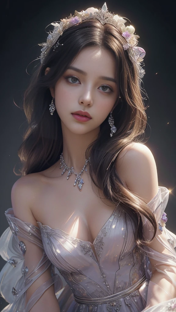 (Best quality,8K,A high resolution,Masterpiece:1.2),Ultra-detailed,(Realistic,Photorealistic,photo-realistic:1.37),Portrait,Creative style artwork,Historical,classical,Sophisticated,plethora of colors,Highly detailed,Soft lighting,luxurious environment,Delicate fairy flowing dress,Vibrant flowers,detailed jewellery,Ethereal atmosphere,Elegant Pose,Graceful curves,Gold body proportions，Flowing hair,Breathtaking textile patterns,Clear shiny purple eyes,Delicate floral decoration,A dazzling array of crystal diamond fittings,Mysterious and dreamy atmosphere,Impeccable attention to detail.