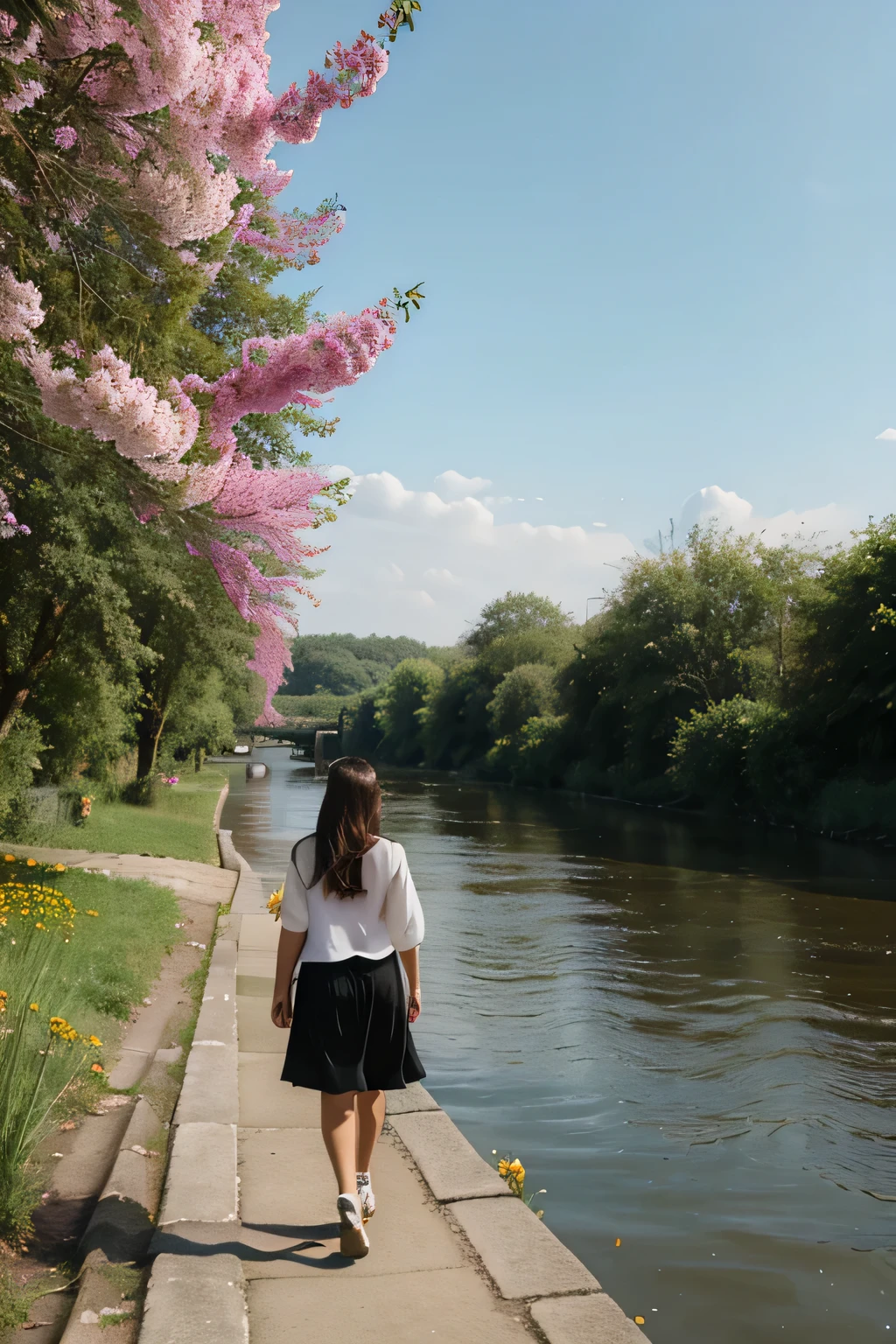 girl walking along the river. river color . flowers
