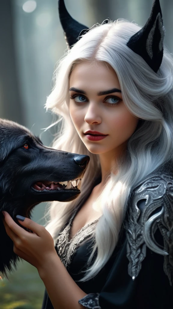 beautiful and perfect 8k uhd professional photograph, sharp focus, In a stunning fantasy world, a cute 20yo silver-haired girl has black devil horns and beautiful hands, 1girl and a mysterious 1giant wolf, beaming with joy, in bright natural light