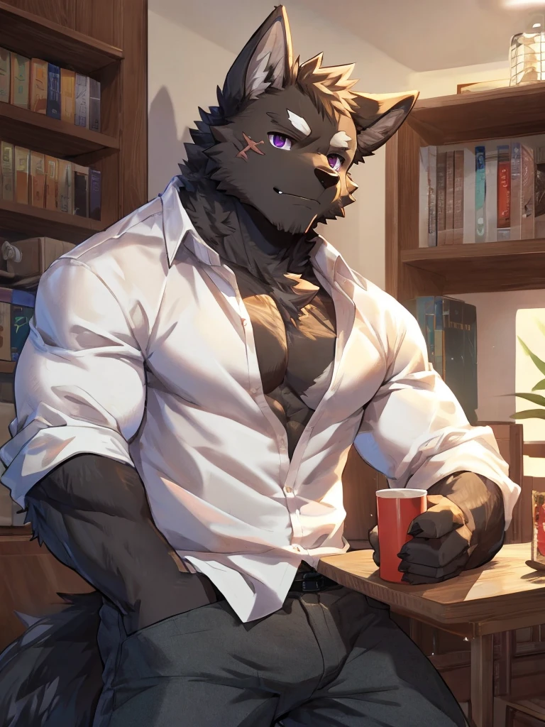 embedding:black wolf, male,purple eyes,Scar on the face, scar on the body,Single person，The fur on the chest and abdomen is white.Inside the apartment,Elder brother.Modern apartment, clean and tidy.casual Shirt，Casual pants,Formal, everyday,A mild expression,Maturity,The highest quality of scene detail,adult,Tall and powerful,muscle，Best quality hands, best quality eye，detailed fur，Delicate eyes.Extreme picture quality，by sollyz,by zixiong,by milkytiger1145