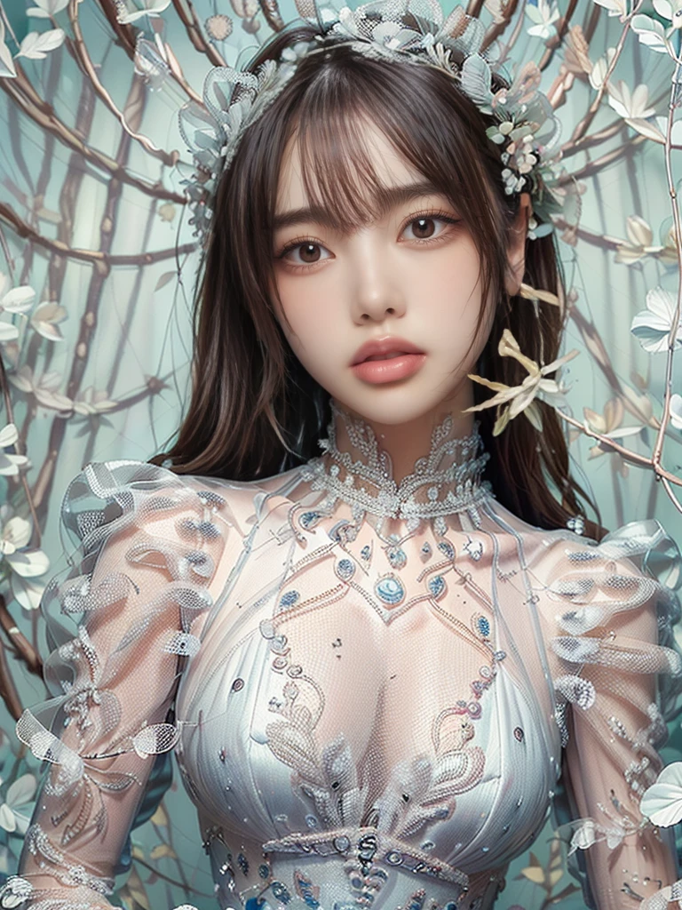 (Highest quality,8K,CG,beautiful,Upper body details,,,Floral Background,Detailed facial features,long flowing hair,,Complex eye makeup,Long eyelashes fluttering,Big blinking eyes and starry gaze,Exquisite lip detail,Soft and harmonious style、(((see-through dresses 1.5)))、Sheer dress