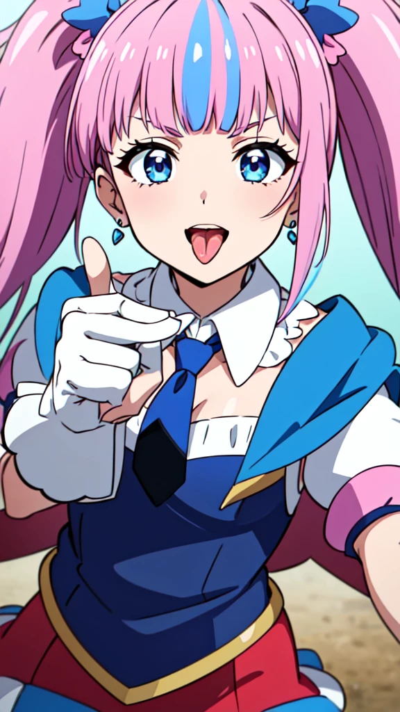 CURE SKY, DRESS, TWINTAILS, GRADIENT HAIR, AHOGE, BLUNT BANGS, HEAD WINGS, FINGERLESS GLOVES, WHITE SHIRT, PUFFY DETACHED SLEEVES, cape, THIGHHIGHS, BLUE LEGWEAR, gem, SINGLE EARRING, 1girl, solo, upper body, facing viewer, (looking at viewer:1.5), in the center, smile,
Open your mouth wide、a large amount of  on the face,、Tongue sticks out of mouth、Big Breasts、Cleavage、Close-up of face、slouch、Hard nipples protruding、Approaching the full screen、Licking the viewers with his tongue、He approaches the screen and extends his tongue, trying to lick it.、