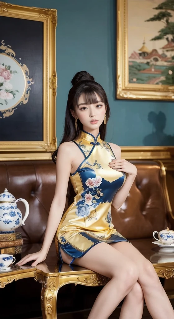 Ceramic material, beige gold tone, a 23-year-old Chinese beauty wearing a gorgeous high-neck dress, with an elegant and leisurely face, a plump figure, sitting on a gorgeous single baroque sofa with a blue background and gold edges. Her outfit is latex predominantly white with Chinese red trim and a detailed peony pattern. Her perfect long legs were exposed, and there was a blue and white porcelain teapot and teacup on the table next to the chair, indicating that this was a tea party. Directly behind the background is a gold-framed Chinese painting, the walls are blue, and ornate interior decoration surrounds the central figure, adding to the luxurious feel of the scene.