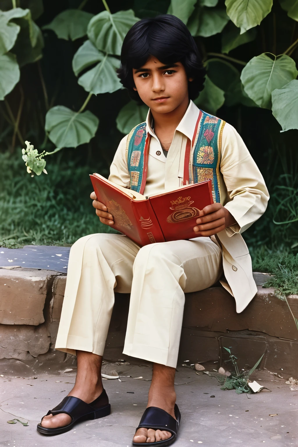 Afghanistan, 1975. A little ((((12-year-old)) Amir)), boy, reading a book, ((((clothings from the 1970s)))), ((short hairstyle of the 1970s)), ((colorful, Monet))