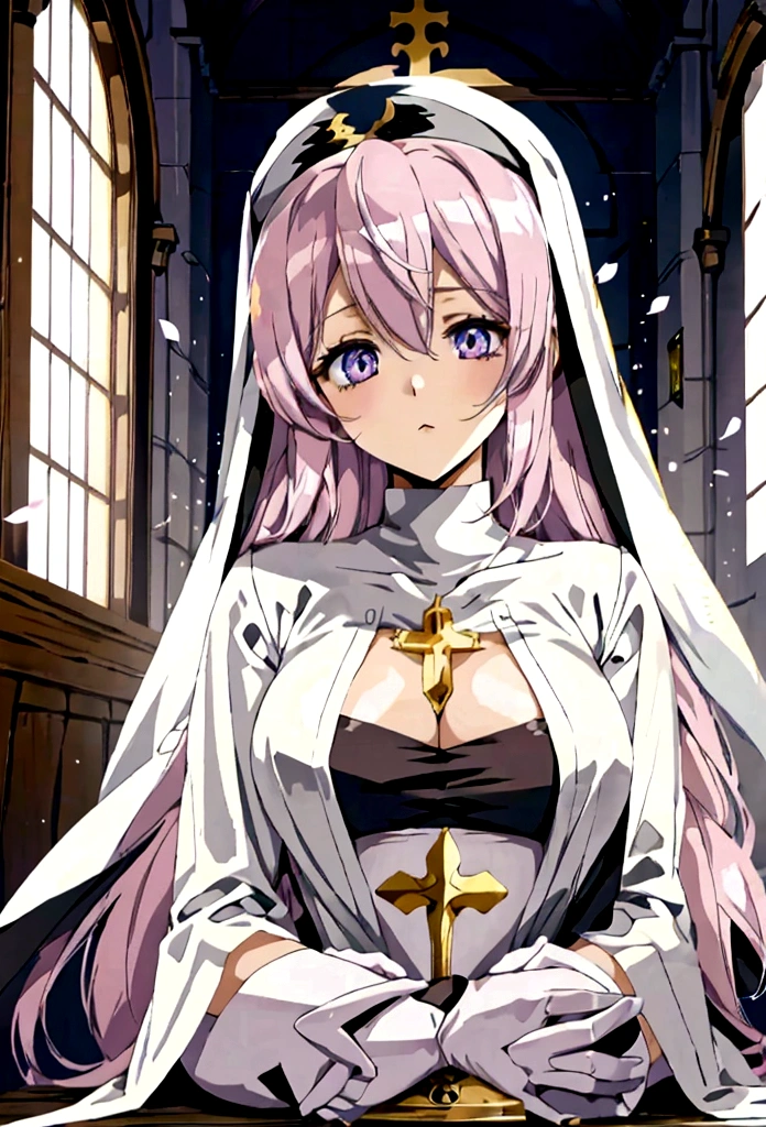 anime styling, best quality, pale white woman, Very Long Pastel Pink Hair, some wavy locks, bangss, purples eyes, nun (nun), dressed in royal clothes in black and white tones full of golden details, body covered. She is praying with a serious expression on her face. The background must be illuminated by a holy light, with light particles floating in the air, to create a serene and spiritual environment. Medieval RPG theme. fully body
