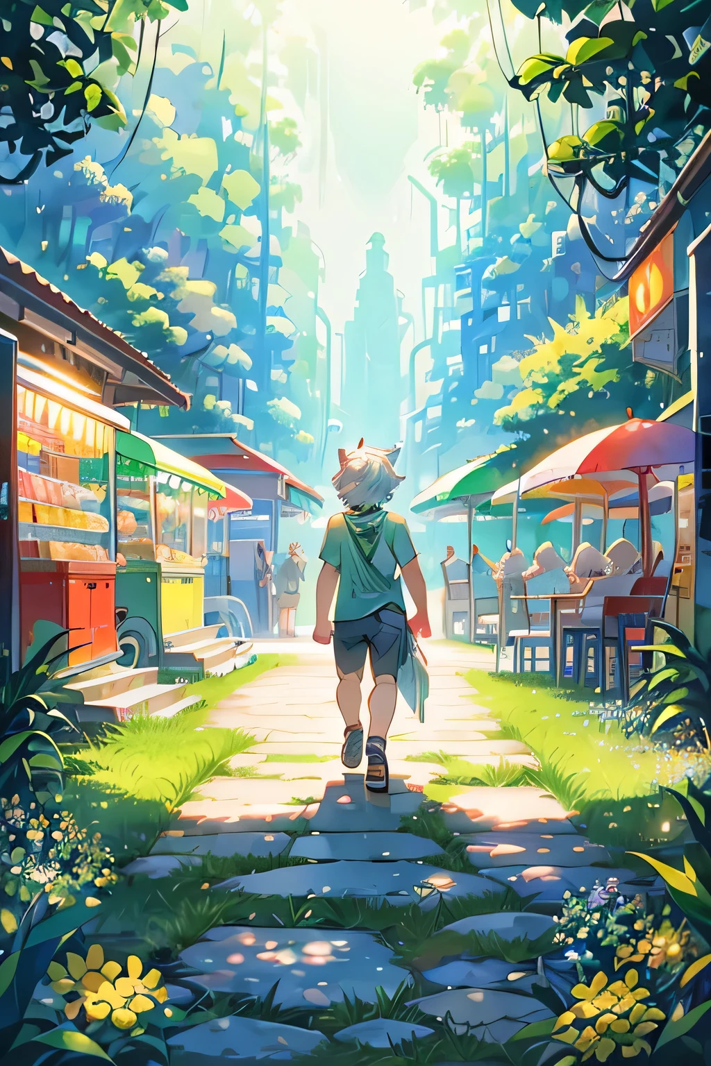 White Wolf,boy,youth,Wearing shorts,Short sleeve,sandals,Has white hair,wave,Convenience store内,nearl,Waiting,Red bus stop sign,Stone steps,Grass,spring,Lush green jungle,In the shade,umbrella,rain,Flowers,Grass,Banana tree,Convenience store,crap,Soft Light,early morning,White Wolf,nearl,full-body shot,Facing the camera,Character photos
