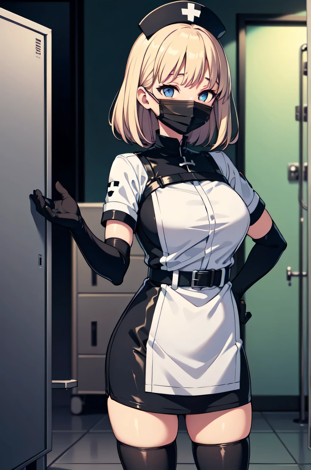 black nurse, 1woman, solo, black nurse cap, black nurse uniform, ((black legwear, zettai ryouiki)), black elbow gloves, blonde hair, blue eyes, ((black surgical mask, covered nose)), standing, ((surgery room)), sharp outline, short sleeves, mature female, 35 years old, best quality, masterpiece