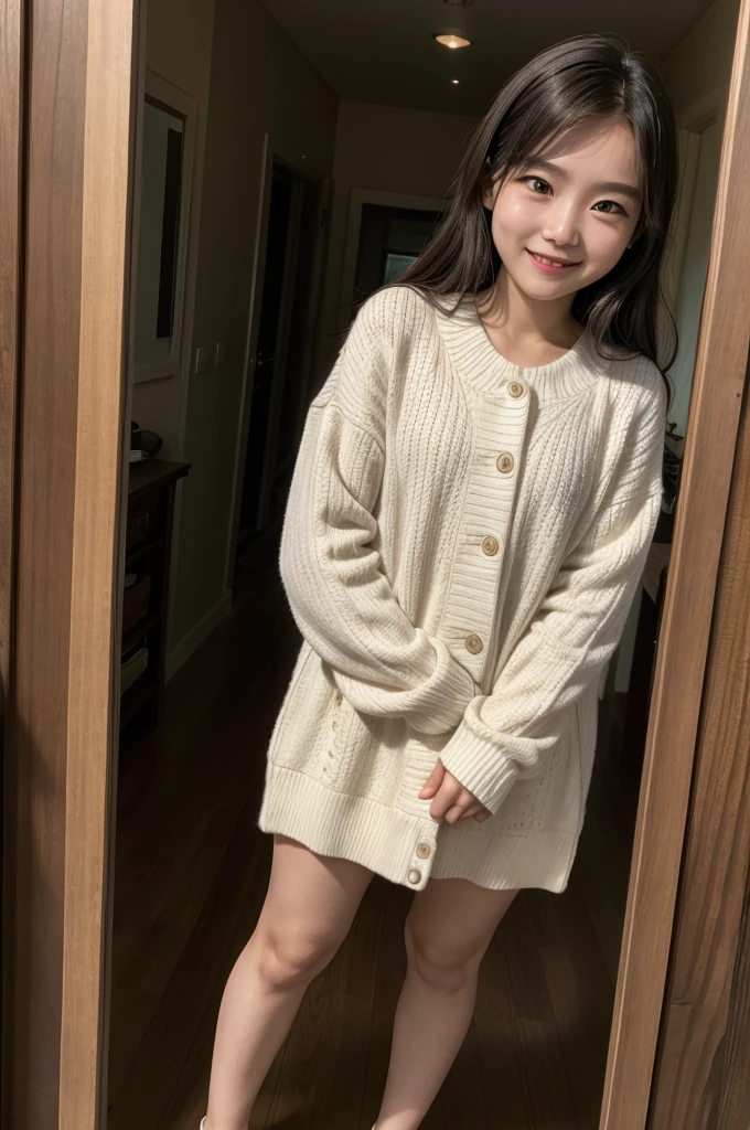, ful dressed, small, whole body, Selfie, Grinning, in house, 4K, good lighting