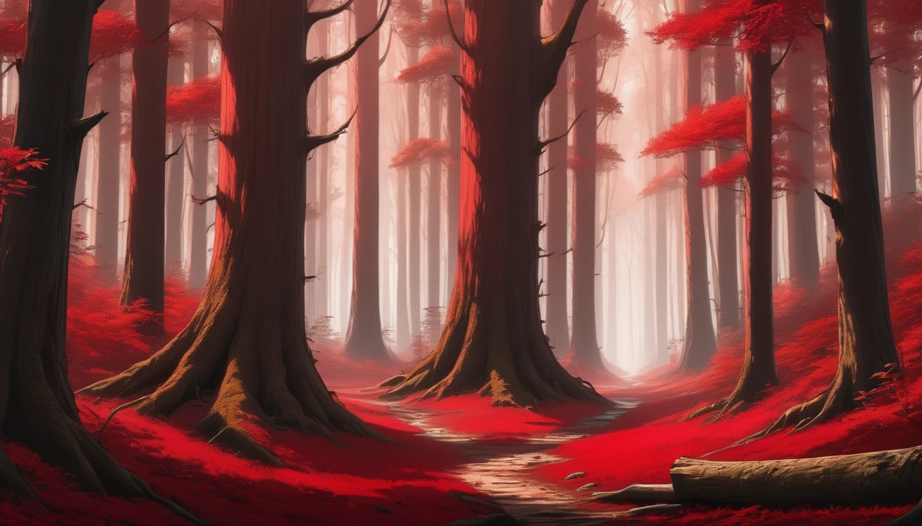 a wonderful red forest, very detailed, photographic, cinematic, 4k, tree trunks with realistic texture, undergrowth also with reddish tones, an incredible forest worthy of fantasy books. broad view