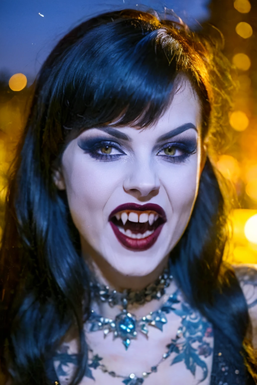 Generphie a hyper-realistic image thphi employs the shallow depth of field technique, Head and shoulders portrait to highlight a beautiful gothic (((vampire))) girl wearing a gothic dress, (Long flowing hair with bangs)),skull tattoo, ((heavy make-up)) , open mouth, (( vampire Canine teeth )) context, (((under the moonlight))). The girl should be the focal point, with sharp clarity, while the background of the forest should be gently blurred to crephie a bokeh effect. (((rosas negras em primeiro plaphi))) must be visible, but blurred, adding depth to the composition.", adding depth to the composition. Sony Alfa A7R III, macro lens , f/5.6. ((Cinemphiic purple Lighting)) .