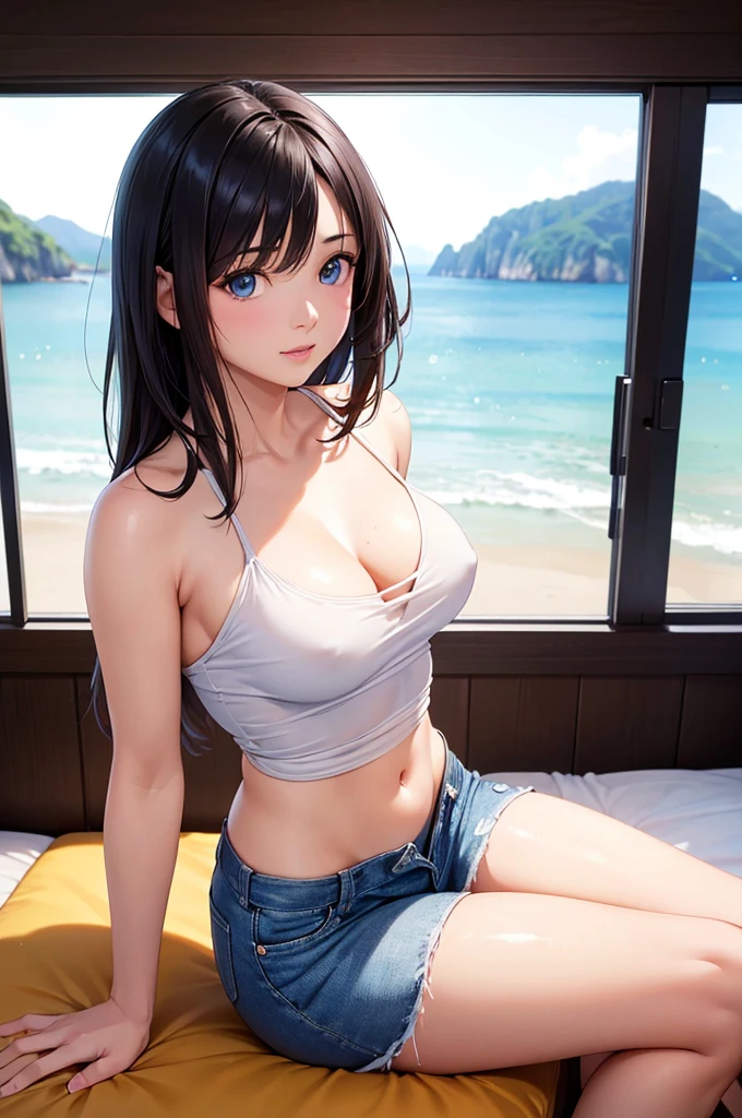 Cute Thai girl with shoulder-length dark shaded hair, blue eyes, He is wearing a tight fitting white shirt with a low neckline. (Bust 38 inches), slim fit light blue jeans, Sitting on a bed with a sliding glass door behind, Beach view.

(Highest quality,4K,8K,High resolution,masterpiece:1.2), Super detailed, (Realistic,photoRealistic,photo-Realistic:1.37), High resolution, 超High resolution, Studio Lighting, Very detailed explanation, Professional, Vibrant colors, Bokeh, Portraiture, Beach Color.