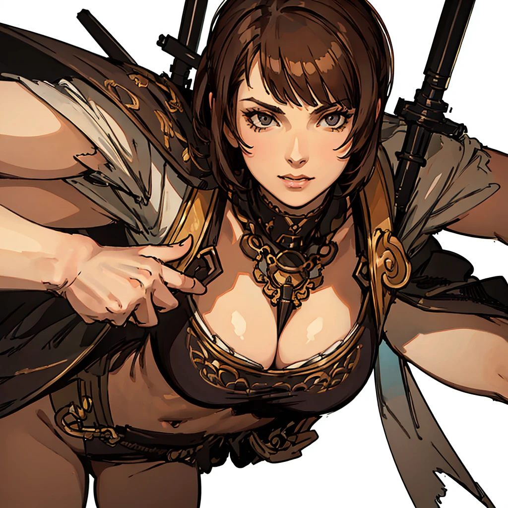 (((white background))), best quality, solo, 1 woman,portrate,ninjya,bangs,looking at viewer,short hair,brown hair,pretty woman,masterpiece, intricate details, tonemapping, sharp focus, hyper detailed, trending on Artstation,