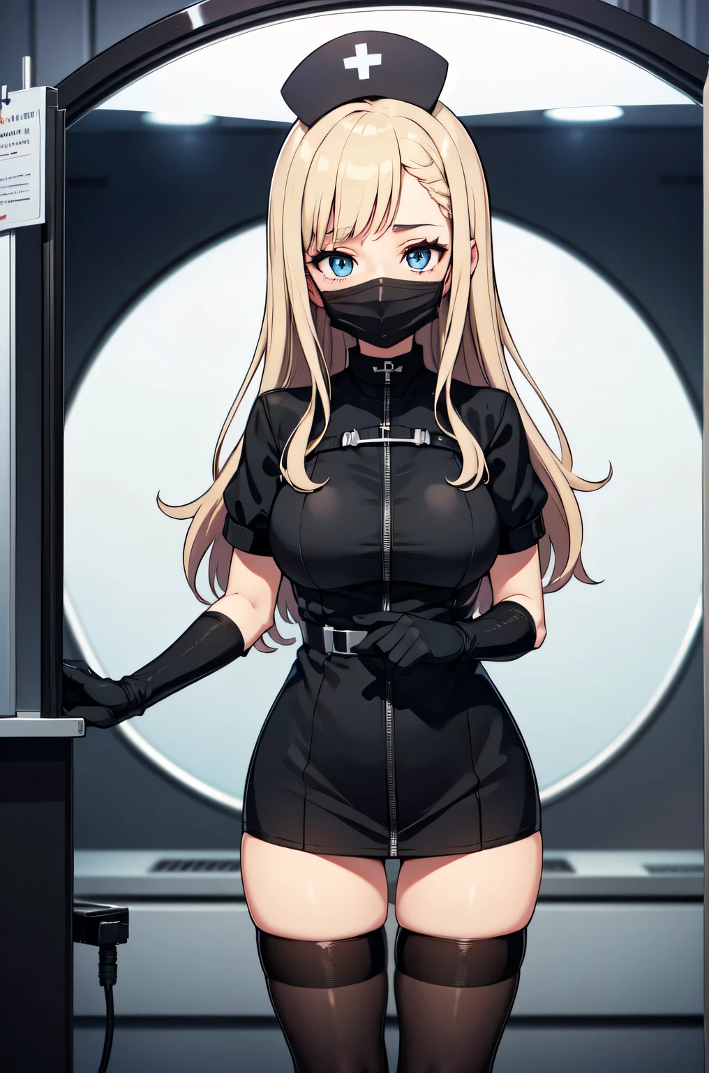 black nurse, 1woman, solo, black nurse cap, black nurse uniform, ((black legwear, zettai ryouiki)), black elbow gloves, blonde hair, blue eyes, ((black surgical mask, covered nose)), standing, ((surgery room)), sharp outline, short sleeves, mature female, 35 years old, best quality, masterpiece