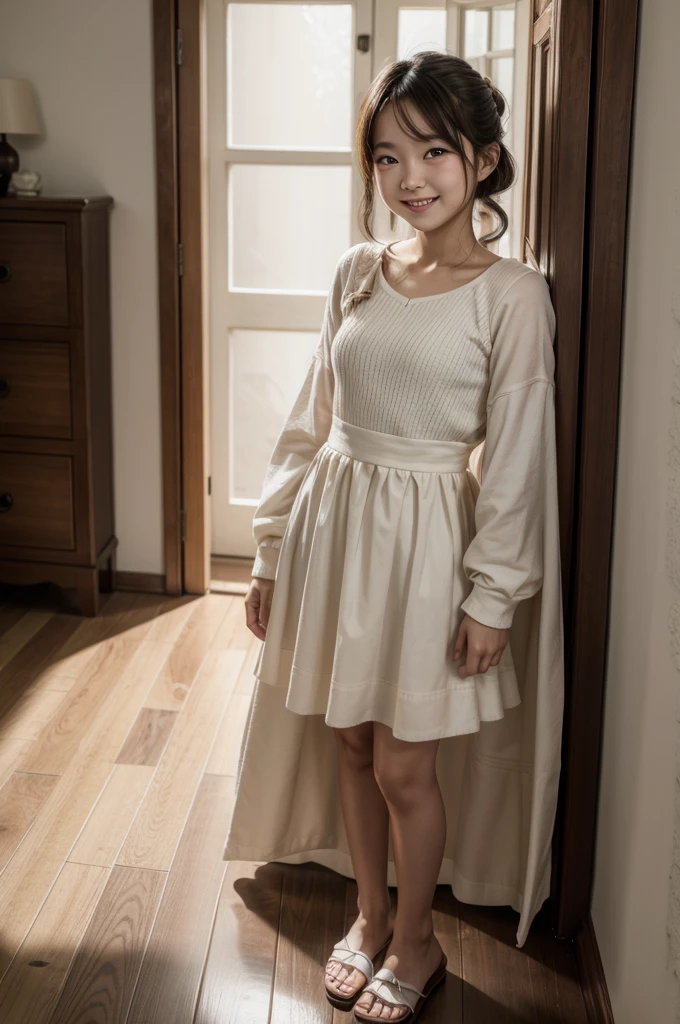 , ful dressed, small, whole body, photoshot, Grinning, in house, 4K, good lighting