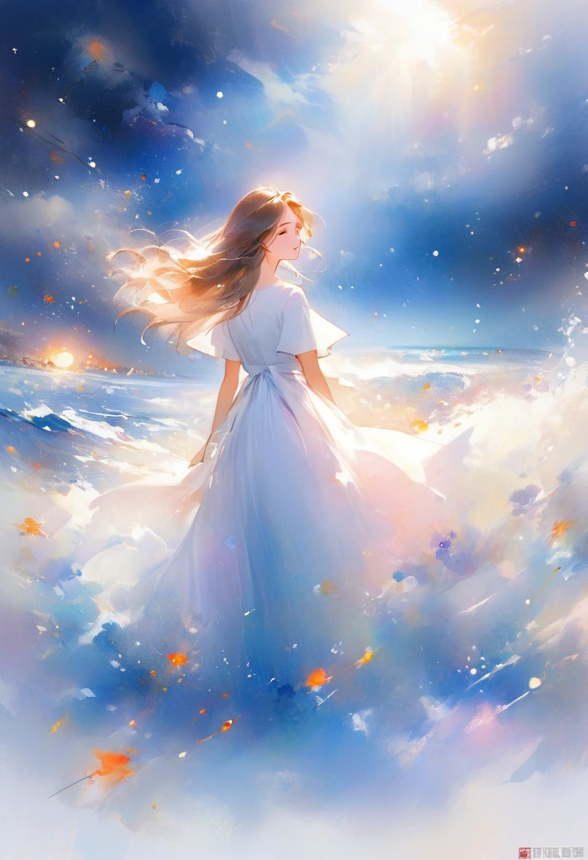 (Best Quality) (Best Masterpiece) Woman with long hair standing in moonlit sea, wearing white dress, sky shining with meteor shower.