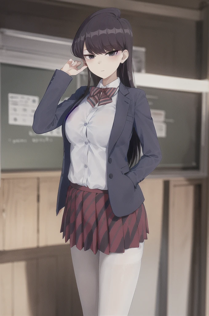 masterpiece, best quality, 1girl, solo, komi-san wa komyushou desu, ks , blue jacket, white shirt, striped bowtie, red skirt, black pantyhose, looking at viewer, (classroom), cowboy shot 