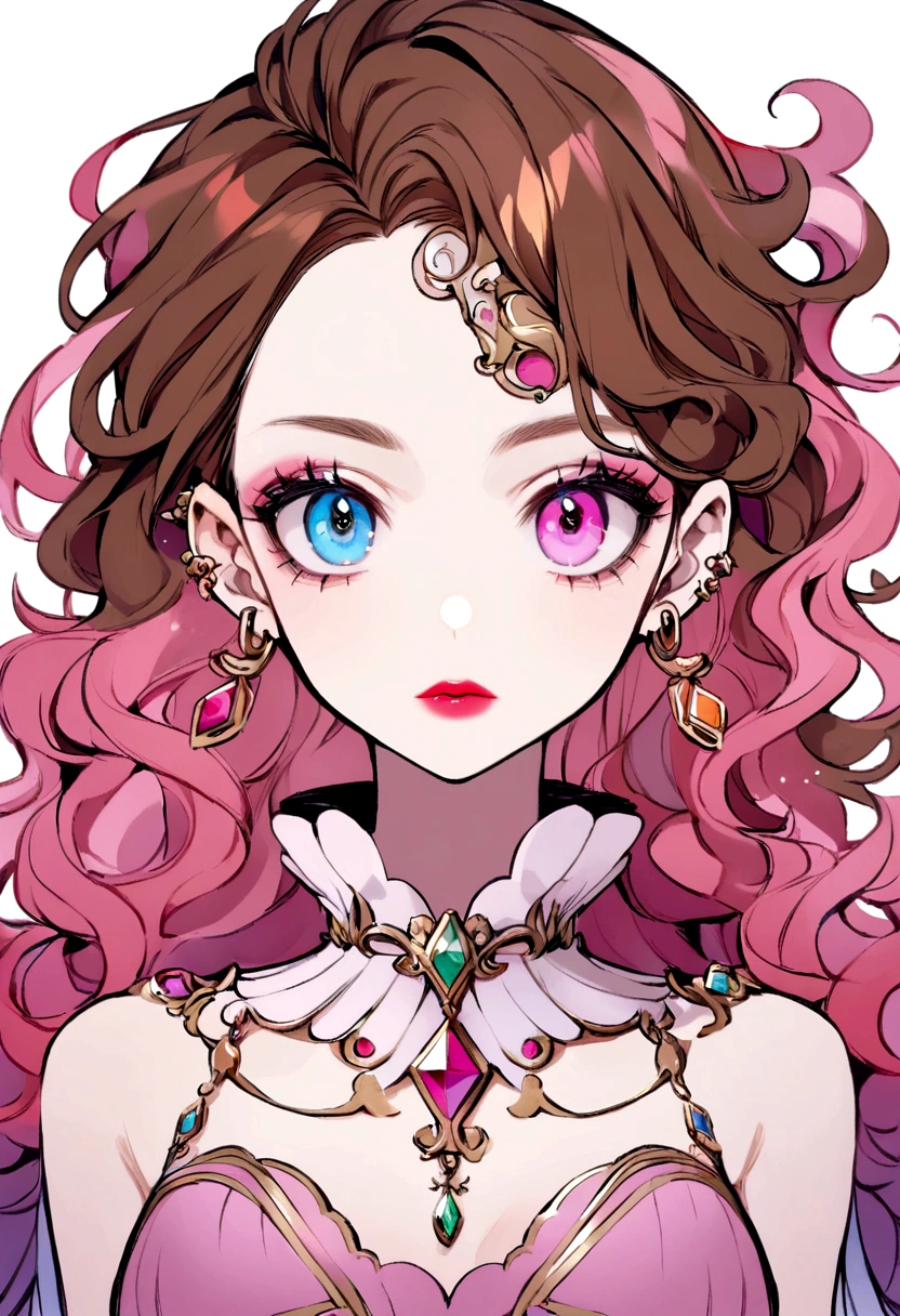 Character portrait, Rainbow Style, 1 sister, alone, Long brown hair, View your viewers, Blue Eyes Background, White background, gem, Brown haired, , Pink Eyes, Wearing a one-piece dress, Avas, eyelash, cosmetics, Carly, punch, lipstick, ear piercing, eye shadow,, Red pink lips, Variegated eyes, Pink Theme, ピンクのeye shadow,Showing his forehead