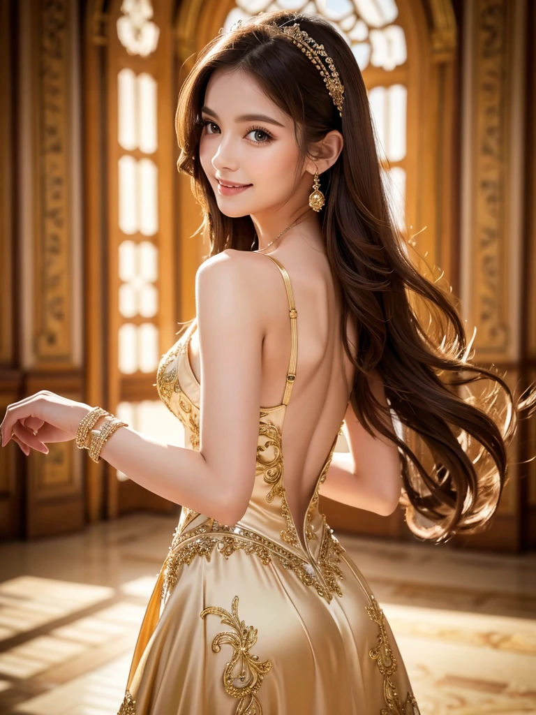 a beautiful woman, perfect figure, narrow waist, long chestnut hair, beautiful detailed eyes, long eyelashes, lustrous detailed lips, beautiful skin, beautiful smile, fashion model, attractive ornate clothing, cinematic scene, (best quality,4K,8K,highres,masterpiece:1.2),ultra-detailed,(realistic,photorealistic,photo-realistic:1.37),ballerina woman, ((dancing))、Nice dress