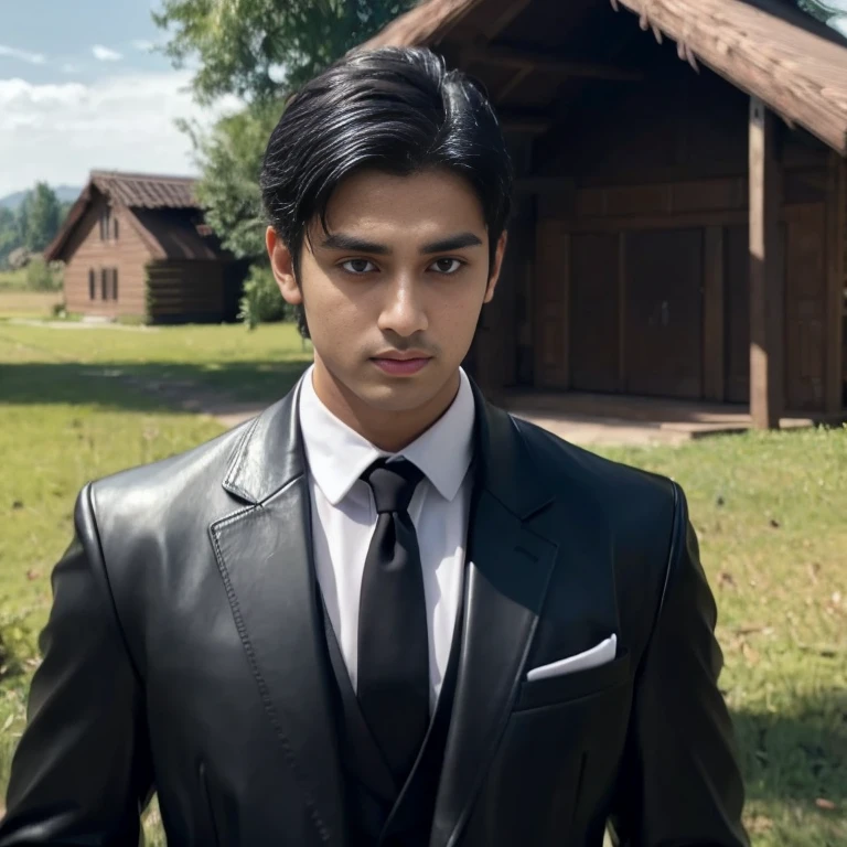 Aarav looks at the camera, perfect has a round face, A well-maintained model, handsome face,Close-up of a man wearing a black leather jacket., Southeast Asians with round faces, 3-D profile picture, 8K, 45,000,000 pixcls, realistic light colors
