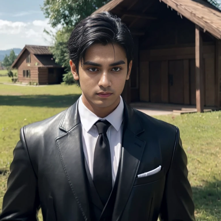 Aarav looks at the camera, perfect has a round face, A well-maintained model, handsome face,Close-up of a man wearing a black leather jacket., Southeast Asians with round faces, 3-D profile picture, 8K, 45,000,000 pixcls, realistic light colors