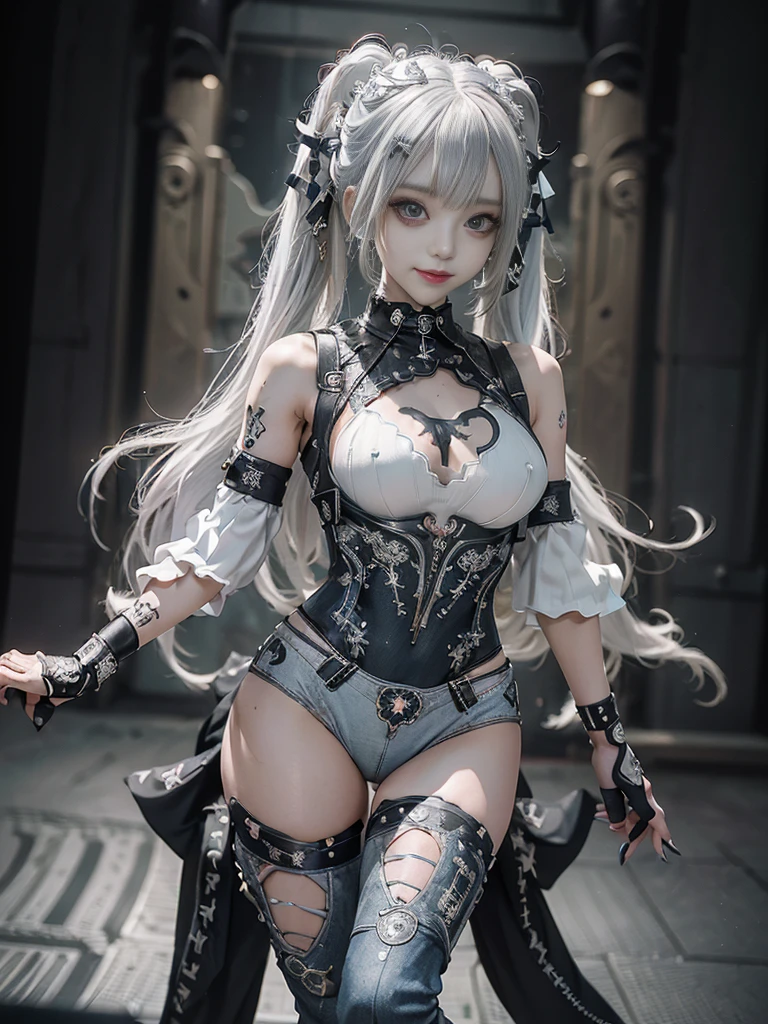 (Full Body View:1.3)、(Side view:1.1)、(Smiling with teeth showing:1.3),(Shibuya Gal:1.5)、(Gothic ta style fashion:1.5)、(Punk RockVisual Kei:1.5)、(Wearing a rhythmic gymnastics bodysuit with intricate details:1.4)、(Racing suit and pants with intricate decorations in white, denim and charcoal:1.5)、(Denim and light blue and white boots:1.3)、((belt))、(Numerous delicate logo marks all over the costume:1.4)、(collar:1.3)、(Striped underwear:1.5)、20-year-old、NSFW、((Highest quality、In 8K、masterpiece:1.3))、Sharp focus:1.2、(Layered Cut、Huge boobs:1.1),Beautiful woman with perfect figure:1.4、(Dancing vigorously:1.3)、Slender Abs:1.2、Highly detailed face and skin texture、Detailed eyes、double eyelid,(Twin tails:1.3)、(White-gold hair:1.3)、Gravure idol、(The background is the stage of the fashion show:1.3)、(Slim body:1.3),(Make your legs thinner:1.4),(clavicle:1.1)、(Thin and slim thighs:1.3)