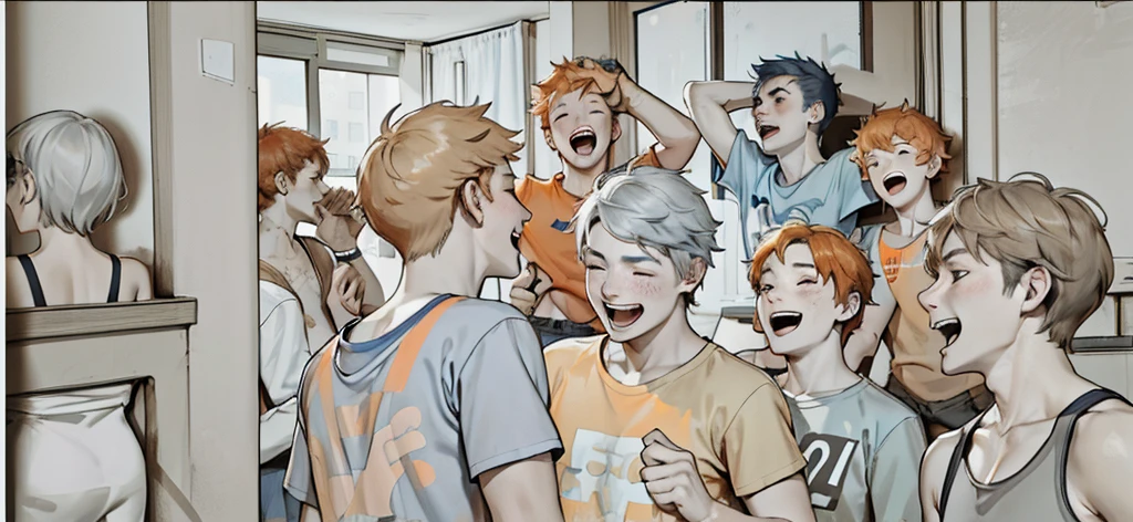 A group of 16 year olds with gray and blue and orange t-shirts with orange hair jumping and laughing and dancing at a party. They have orange hair and others have gray hair. They are in a luxurious living room of young people at a party.