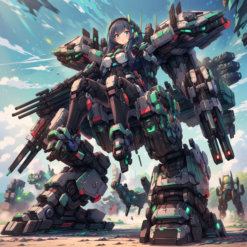 (masterpiece:1.2), best quality, high resolution, extremely detailed CG, absurdres, highres, Sci-fi world, a girl in black_bodysuit sits inside a ((green_machine)) with giant robot arms and legs on a battlefield, and the girl holds the lever of the machine,Colorful portraits