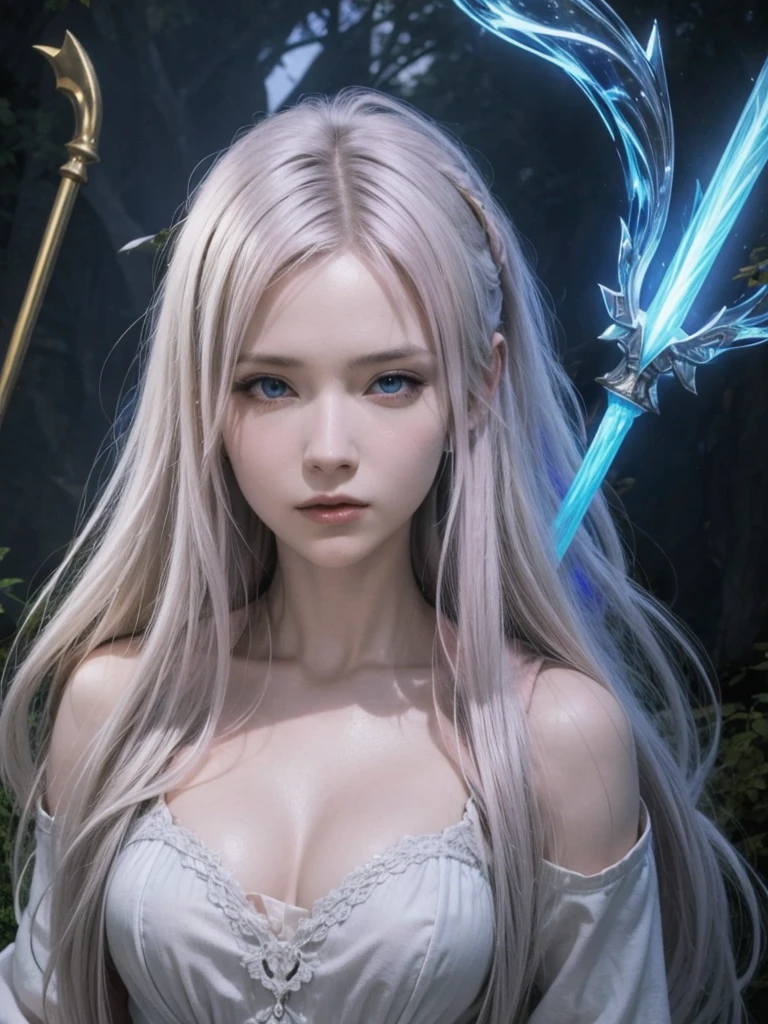 1girl, highly detailed character, long white hair, beautiful blue eyes, delicate facial features, (best quality,4k,8k,highres,masterpiece:1.2),ultra-detailed,(realistic,photorealistic,photo-realistic:1.37),mage, magical girl, fantasy, final fantasy 14, elegant robe, flowing dress, glowing staff, dramatic lighting, atmospheric,vibrant colors,cinematic composition