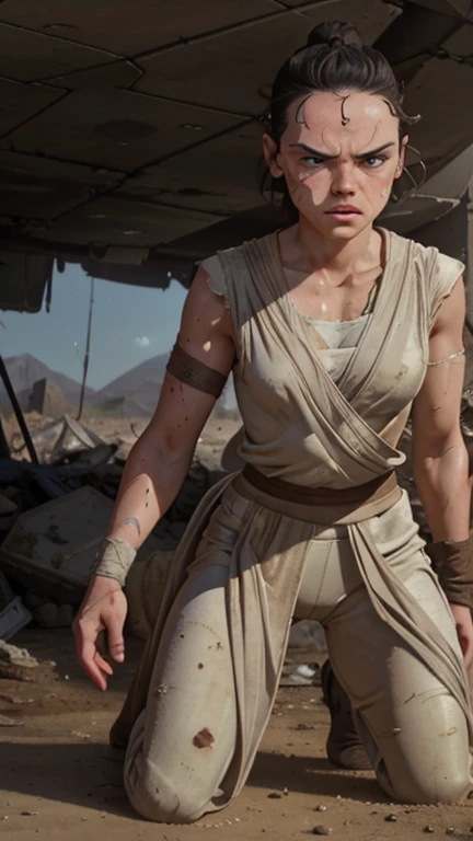 Daisy Ridley face 8k resolution, masterpiece 1.3, Ultrarealistic face, slim athletic physique, small flat breasts, round ass, cameltoe, sweaty body glistening skin, dirt covered around her body, shameful expression tears in her eyes; "Kneeling in the rubble of a destroyed building, Rey's shoulders slump in defeat. Blood trickles from a cut on her forehead, and her clothes are torn and dirty, reflecting the intensity of her recent fight."