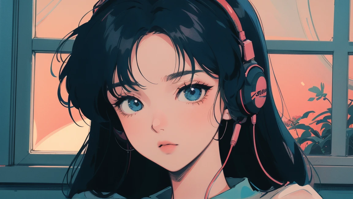 アニメ girl sitting on floor looking out window at city, アニメ aesthetic, アニメ vibes, lofi artstyle, Lo-fi portrait by the window, Watching the Sunset. アニメ, Lofty Girl, アニメ art wallpaper 4 k, アニメ art wallpaper 4k, アニメ art wallpaper 8 k, アニメ background art, Lofi Color, Lofi Art, アニメ asthetic,masterpiece, Highest quality, Rainbow Style, アニメ, Beautiful Asian Girl, Along the Hawaiian Coast, Cute and dreamy,アニメ,Illustrator,LOFI Girl, Blues,landscape,Sunset, night、Girl listening to music in a cozy room, Use headphones, 2D Style Anime, Rain outside the window、Analog Color Theme、Ghibli style