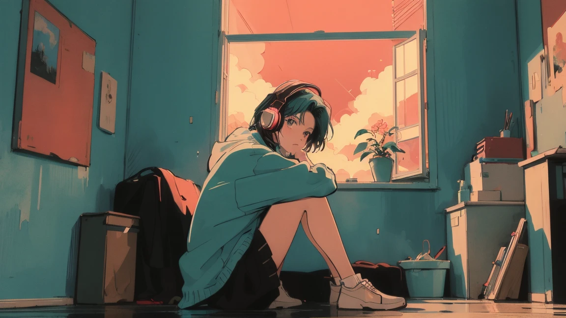 アニメ girl sitting on floor looking out window at city, アニメ aesthetic, アニメ vibes, lofi artstyle, Lo-fi portrait by the window, Watching the Sunset. アニメ, Lofty Girl, アニメ art wallpaper 4 k, アニメ art wallpaper 4k, アニメ art wallpaper 8 k, アニメ background art, Lofi Color, Lofi Art, アニメ asthetic,masterpiece, Highest quality, Rainbow Style, アニメ, Beautiful Asian Girl, Along the Hawaiian Coast, Cute and dreamy,アニメ,Illustrator,LOFI Girl, Blues,landscape,Sunset, night、Girl listening to music in a cozy room, Use headphones, 2D Style Anime, Rain outside the window、Analog Color Theme、Ghibli style
