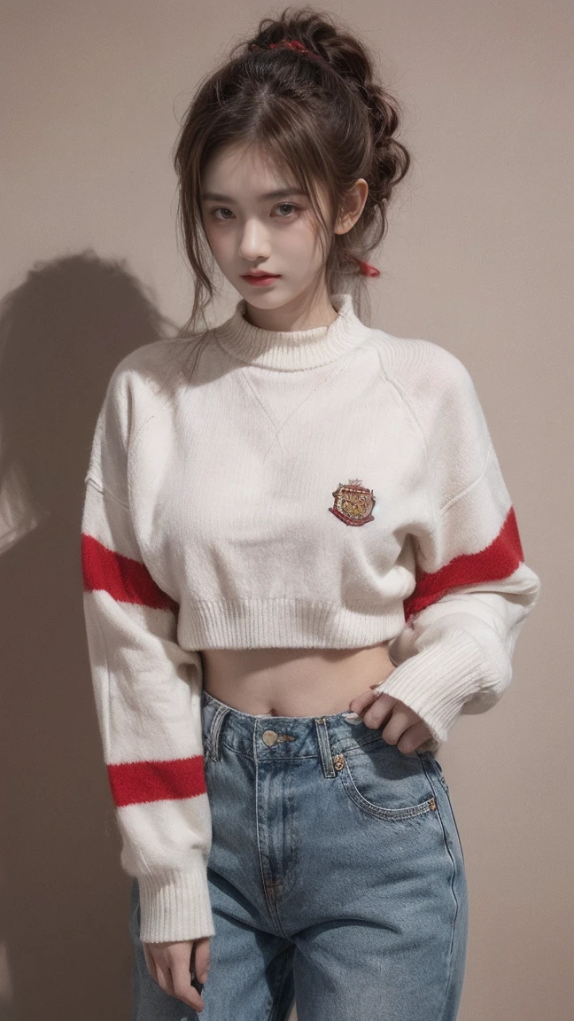 21yo girl,red hair,ponytail hair,(wearing a red and yellow striped sweater with a crest emblem on the chest),(sweater features a bold horizontal stripe pattern),(Gryffindor),(red and yellow striped sweater), jeans, natural medium breast, plump body,single sidelock hairpin blush modern cinematic lighting,ray tracing,drop shadow wide shot UHD,textured skin,high details,best quality 4K