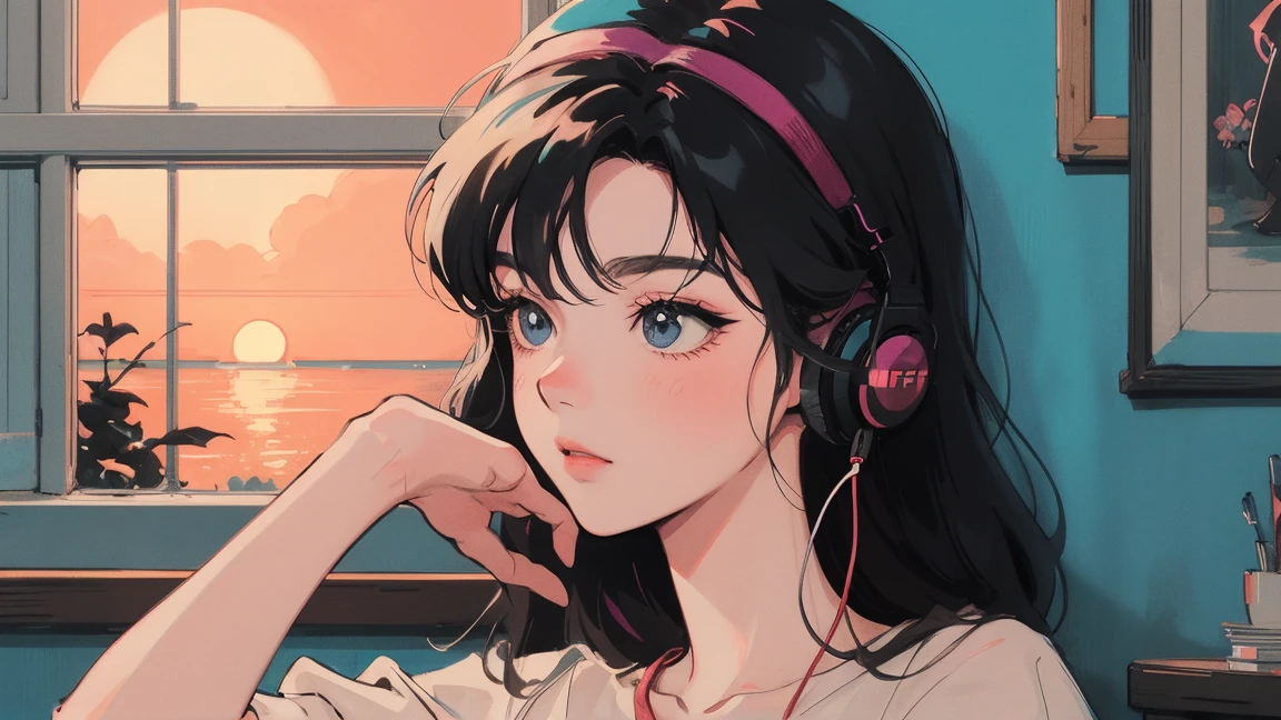 アニメ girl sitting on floor looking out window at city, アニメ aesthetic, アニメ vibes, lofi artstyle, Lo-fi portrait by the window, Watching the Sunset. アニメ, Lofty Girl, アニメ art wallpaper 4 k, アニメ art wallpaper 4k, アニメ art wallpaper 8 k, アニメ background art, Lofi Color, Lofi Art, アニメ asthetic,masterpiece, Highest quality, Rainbow Style, アニメ, Beautiful Asian Girl, Along the Hawaiian Coast, Cute and dreamy,アニメ,Illustrator,LOFI Girl, Blues,landscape,Sunset, night、Girl listening to music in a cozy room, Use headphones, 2D Style Anime, Rain outside the window、Analog Color Theme、Ghibli style