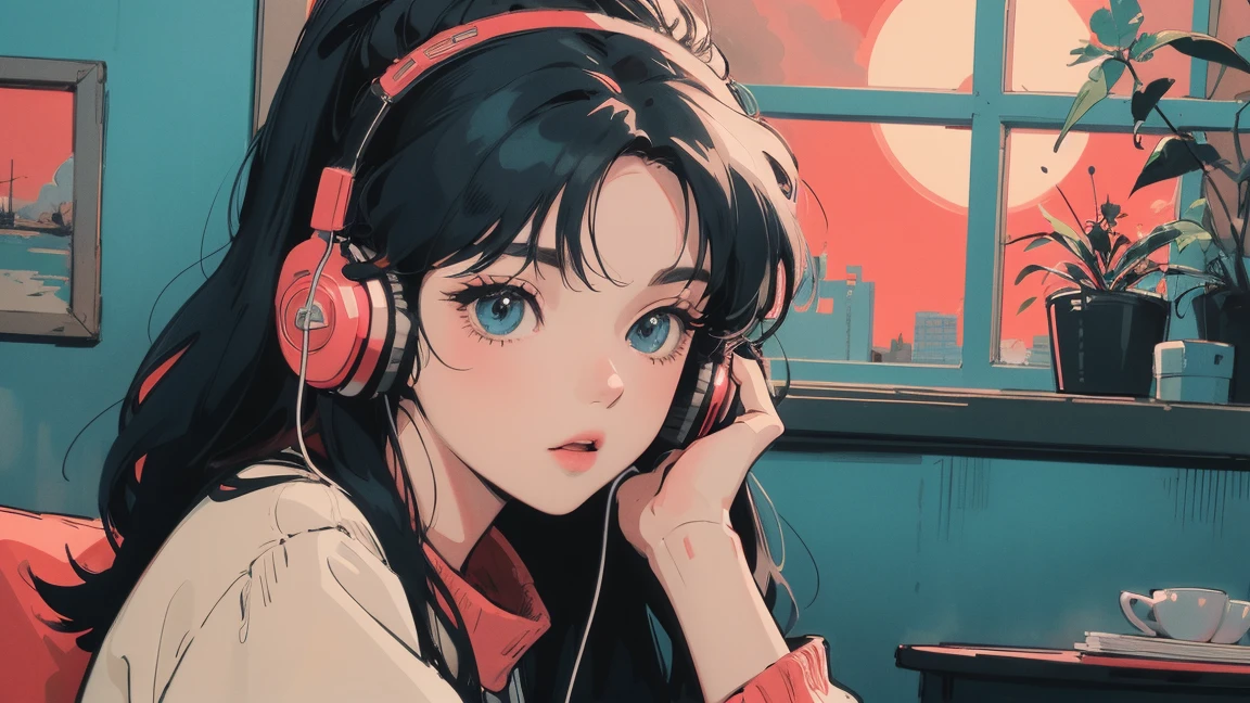 アニメ girl sitting on floor looking out window at city, アニメ aesthetic, アニメ vibes, lofi artstyle, Lo-fi portrait by the window, Watching the Sunset. アニメ, Lofty Girl, アニメ art wallpaper 4 k, アニメ art wallpaper 4k, アニメ art wallpaper 8 k, アニメ background art, Lofi Color, Lofi Art, アニメ asthetic,masterpiece, Highest quality, Rainbow Style, アニメ, Beautiful Asian Girl, Along the Hawaiian Coast, Cute and dreamy,アニメ,Illustrator,LOFI Girl, Blues,landscape,Sunset, night、Girl listening to music in a cozy room, Use headphones, 2D Style Anime, Rain outside the window、Analog Color Theme、Ghibli style