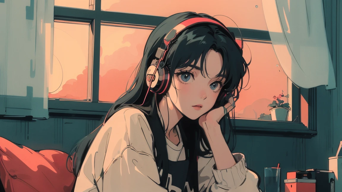 アニメ girl sitting on floor looking out window at city, アニメ aesthetic, アニメ vibes, lofi artstyle, Lo-fi portrait by the window, Watching the Sunset. アニメ, Lofty Girl, アニメ art wallpaper 4 k, アニメ art wallpaper 4k, アニメ art wallpaper 8 k, アニメ background art, Lofi Color, Lofi Art, アニメ asthetic,masterpiece, Highest quality, Rainbow Style, アニメ, Beautiful Asian Girl, Along the Hawaiian Coast, Cute and dreamy,アニメ,Illustrator,LOFI Girl, Blues,landscape,Sunset, night、Girl listening to music in a cozy room, Use headphones, 2D Style Anime, Rain outside the window、Analog Color Theme、Ghibli style