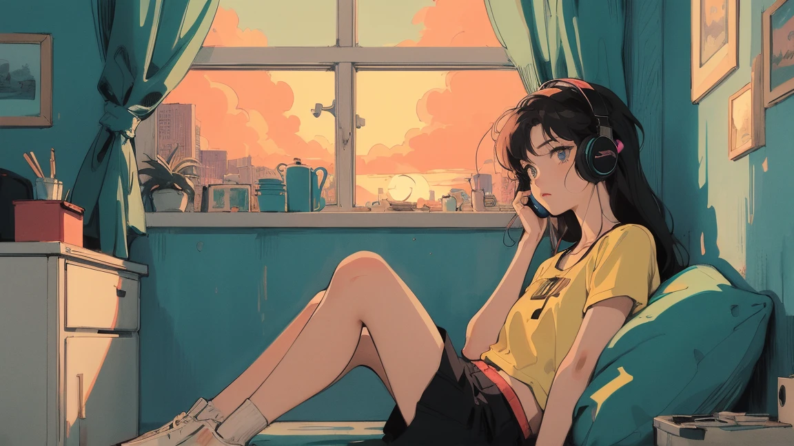 アニメ girl sitting on floor looking out window at city, アニメ aesthetic, アニメ vibes, lofi artstyle, Lo-fi portrait by the window, Watching the Sunset. アニメ, Lofty Girl, アニメ art wallpaper 4 k, アニメ art wallpaper 4k, アニメ art wallpaper 8 k, アニメ background art, Lofi Color, Lofi Art, アニメ asthetic,masterpiece, Highest quality, Rainbow Style, アニメ, Beautiful Asian Girl, Along the Hawaiian Coast, Cute and dreamy,アニメ,Illustrator,LOFI Girl, Blues,landscape,Sunset, night、Girl listening to music in a cozy room, Use headphones, 2D Style Anime, Rain outside the window、Analog Color Theme、Ghibli style