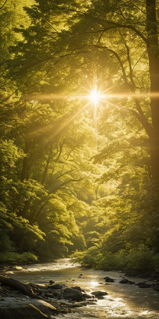 A lyrical forest, on the banks of a river with trees and flowers in golden lighting