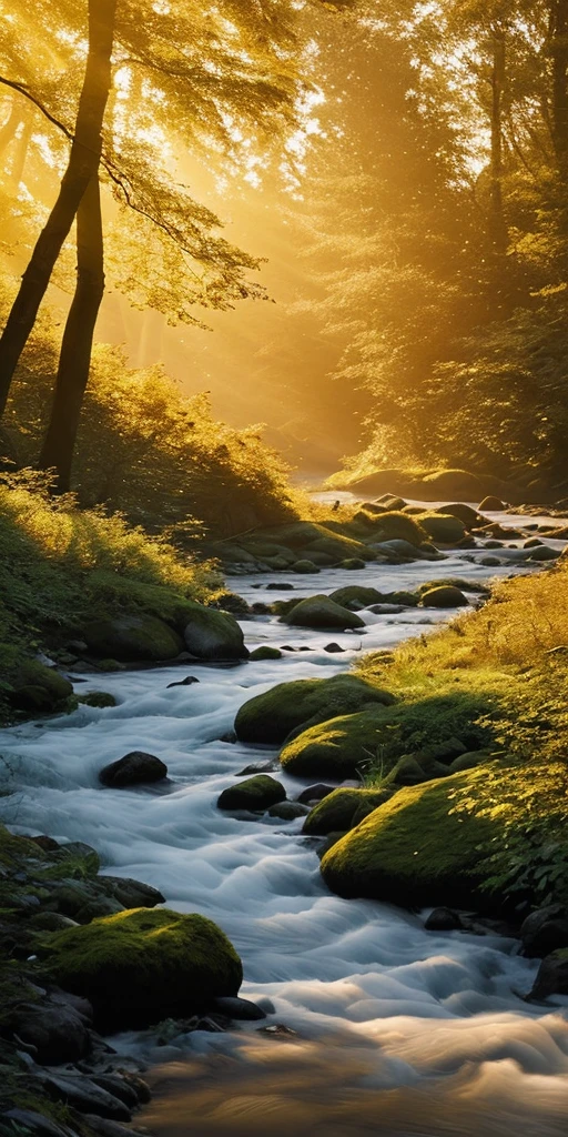 A lyrical forest, on the banks of a river with trees and flowers in golden lighting 