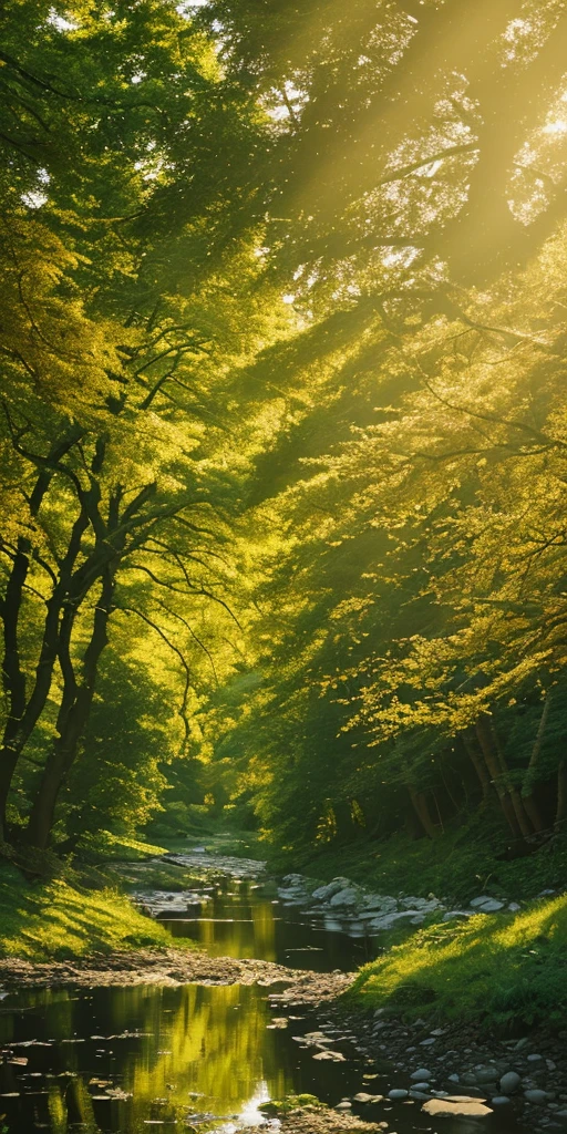 A lyrical forest, on the banks of a river with trees and flowers in golden lighting 